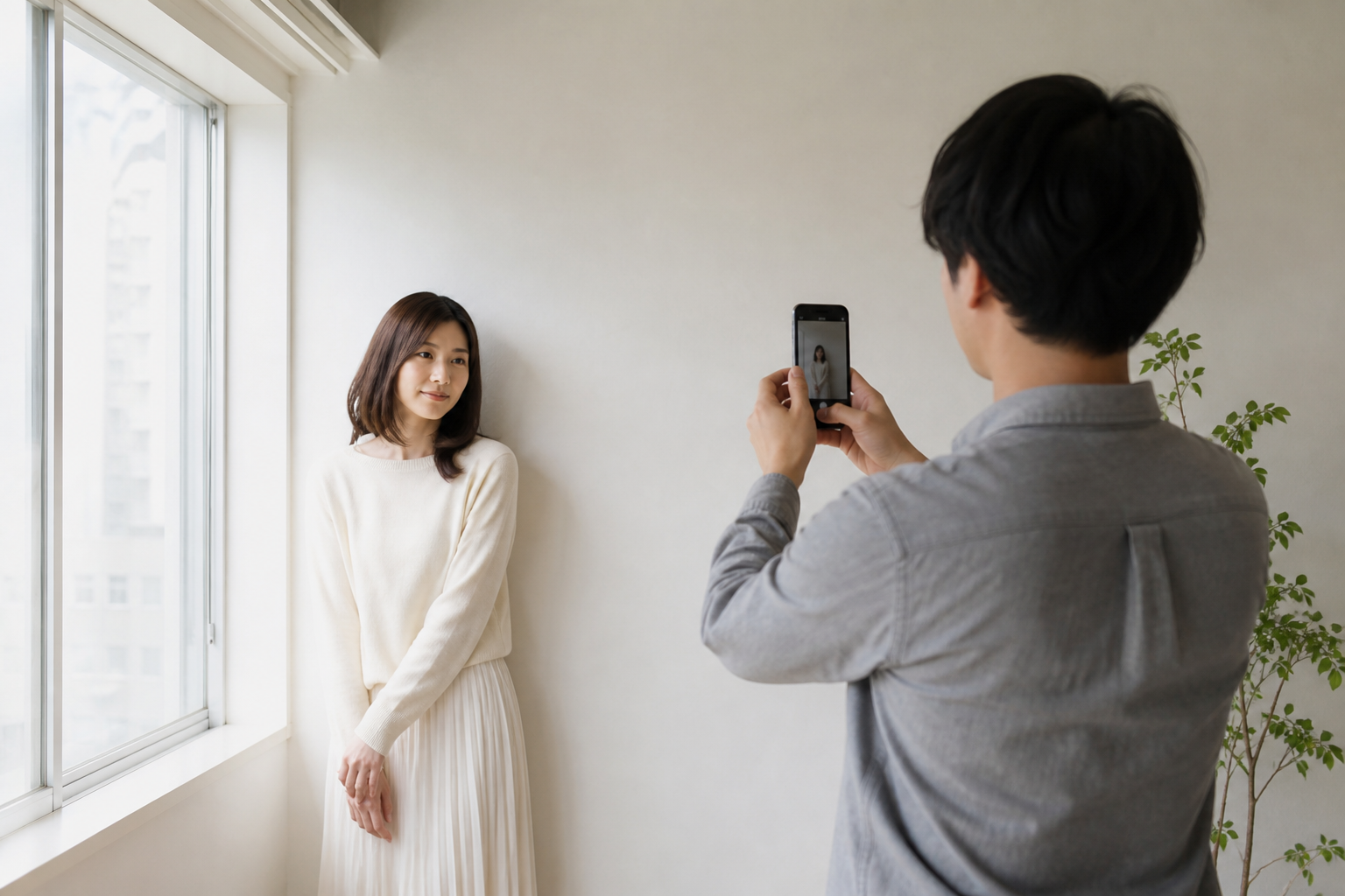 スマートフォンで適切な距離から人物を撮影する場面