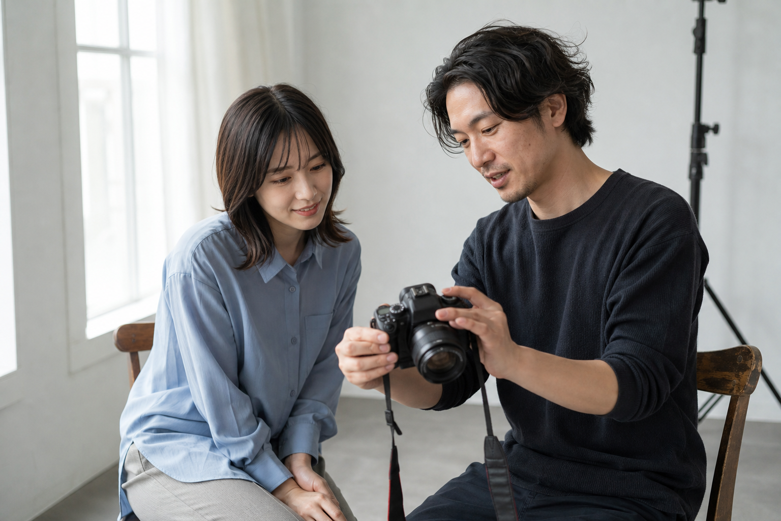 撮影後にカメラのプレビューを見ながら確認する写真家とモデル